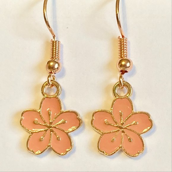 Hibiscus Flower Earrings Rose Gold Plated Enamel Peach Pink Dangle Dainty Island - Picture 10 of 12